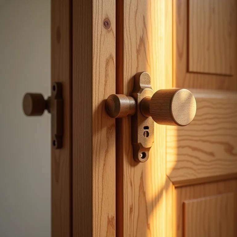 Detalhe do mecanismo de uma porta pivotante de madeira