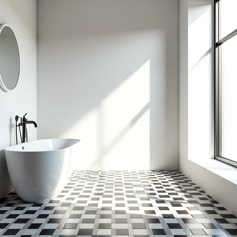 Detalhes de diferentes escalas de xadrez em pisos de banheiro