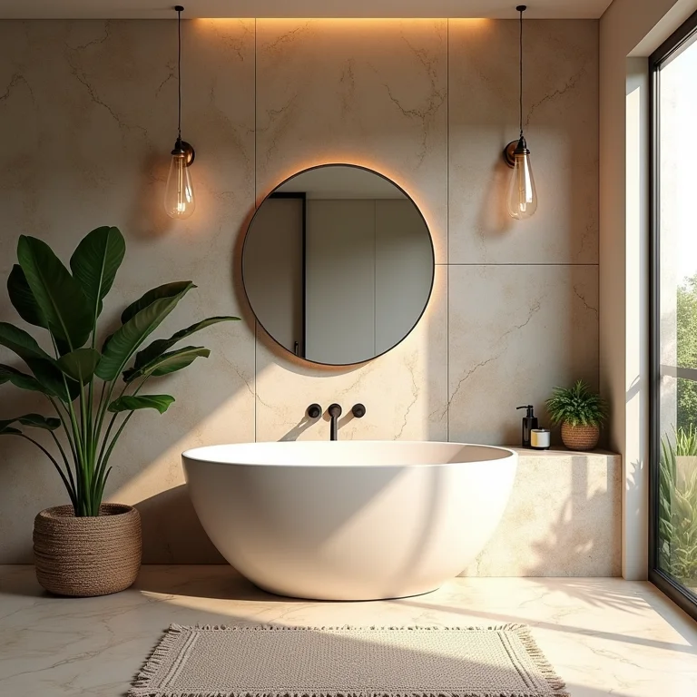 Detalhes de revestimentos e cores em lavabo tropical