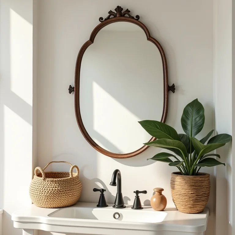 Detalhes decorativos em banheiro rústico.