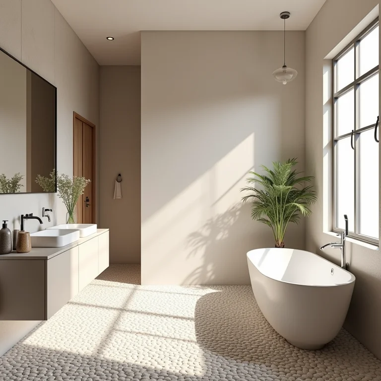 Detalhes estéticos de seixos em banheiro moderno