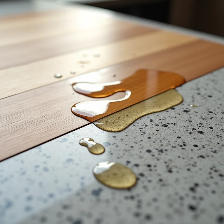 Diferentes materiais de bancada de cozinha (quartzo, granito, inox, madeira) resistindo ao calor