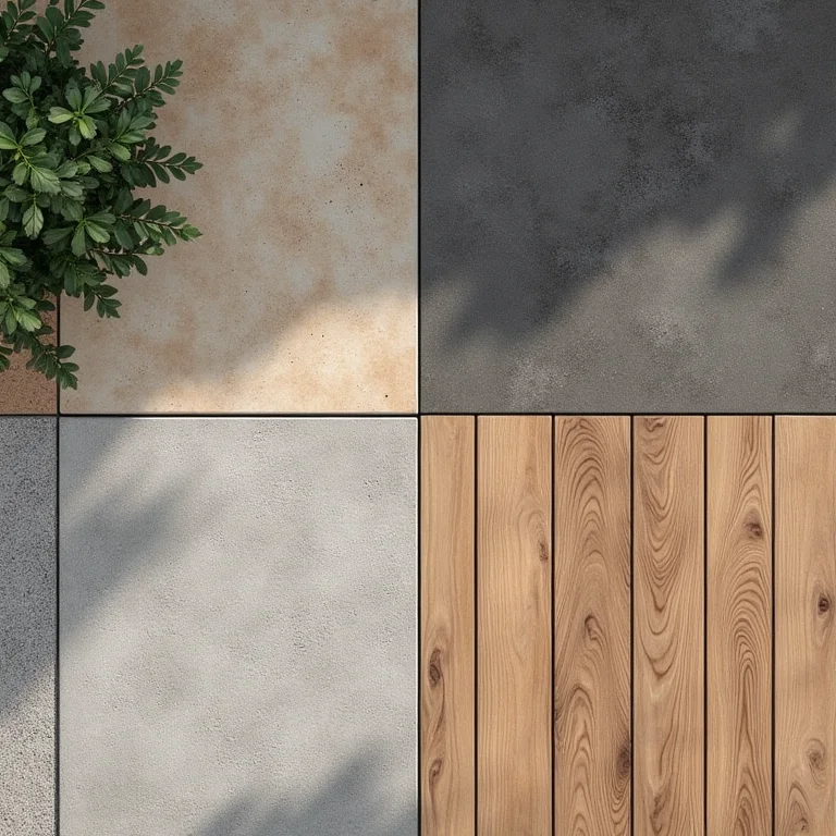 Diferentes tipos de materiais para pisos de áreas externas, como pedra, madeira e concreto.