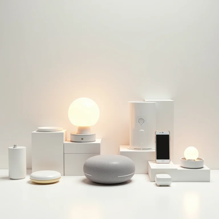 Dispositivos de automação residencial organizados em um flat lay