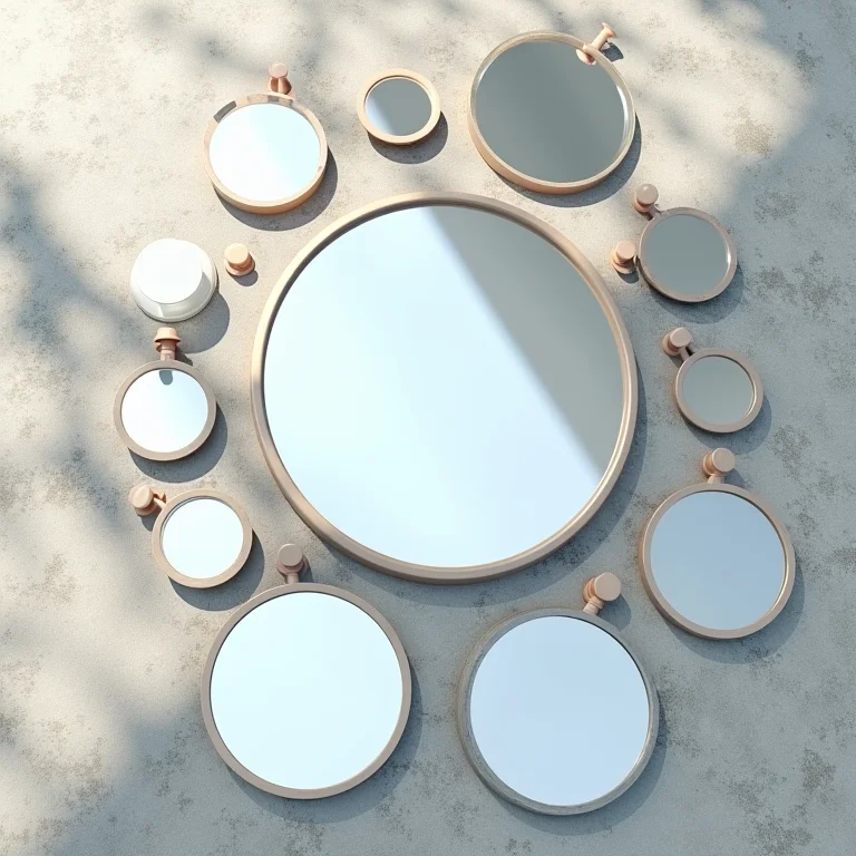 Diversos espelhos adesivos dispostos em uma superfície texturizada.