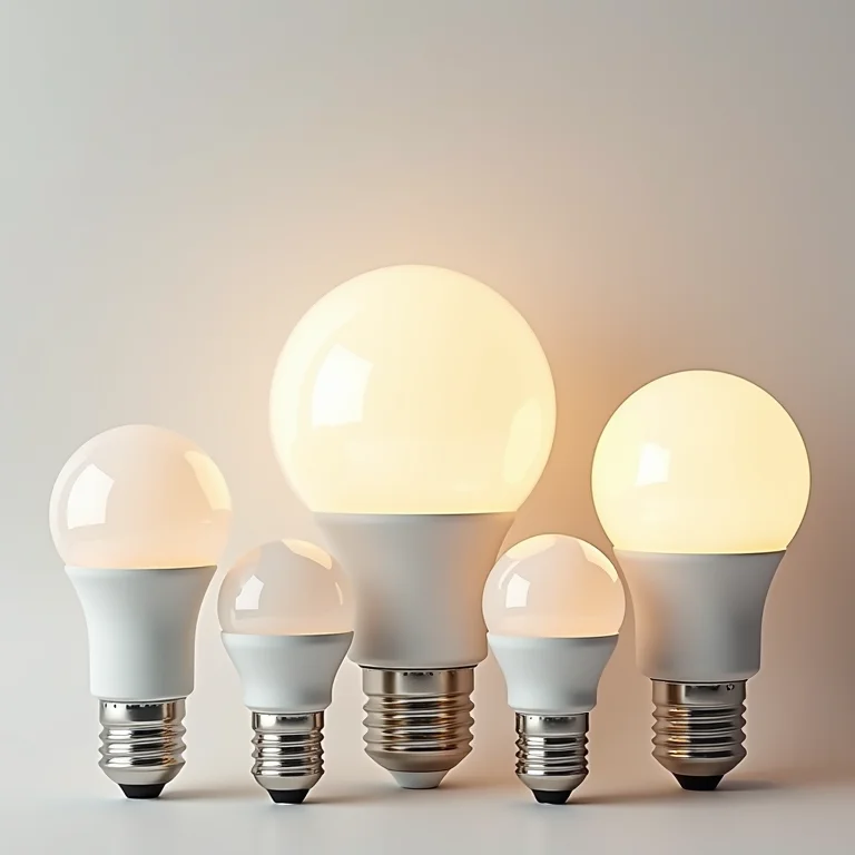 Diversos tipos de lâmpadas LED organizadas em um flat lay, mostrando suas diferentes formas e características.