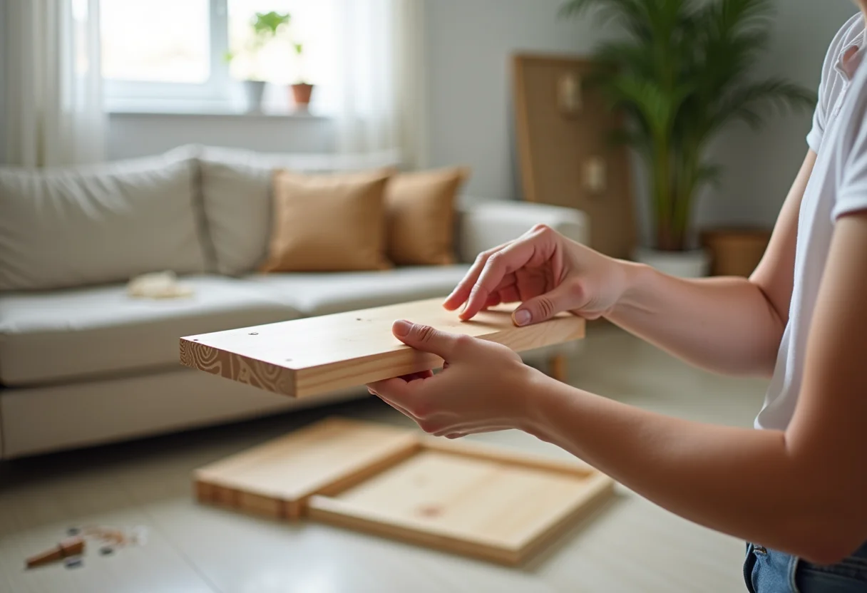 DIY decoração fácil: mãos montando prateleira de madeira em sala de estar iluminada