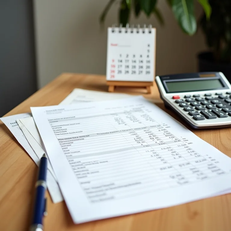 Documentos financeiros, calculadora, calendário e caneta em uma mesa de madeira.