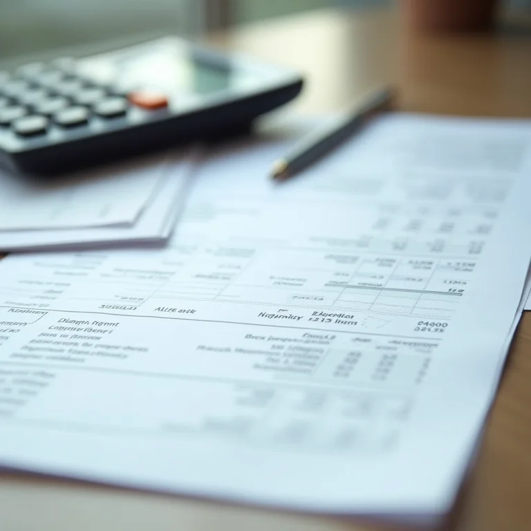 Documentos financeiros, calculadora e caneta dispostos em uma mesa.