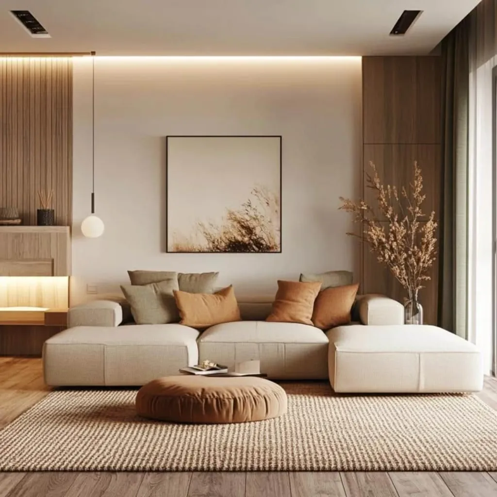 Sala de Estar Aconchegante com Texturas Naturais e Cores Quentes - detalhe