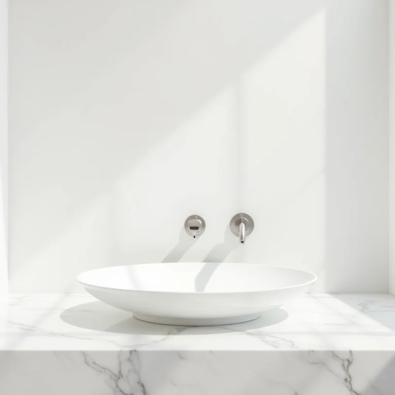 Elegante cuba de apoio branca sobre bancada de mármore