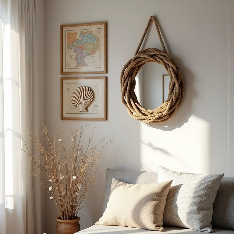 Elementos náuticos na decoração de praia: espelhos de corda e arte com conchas.