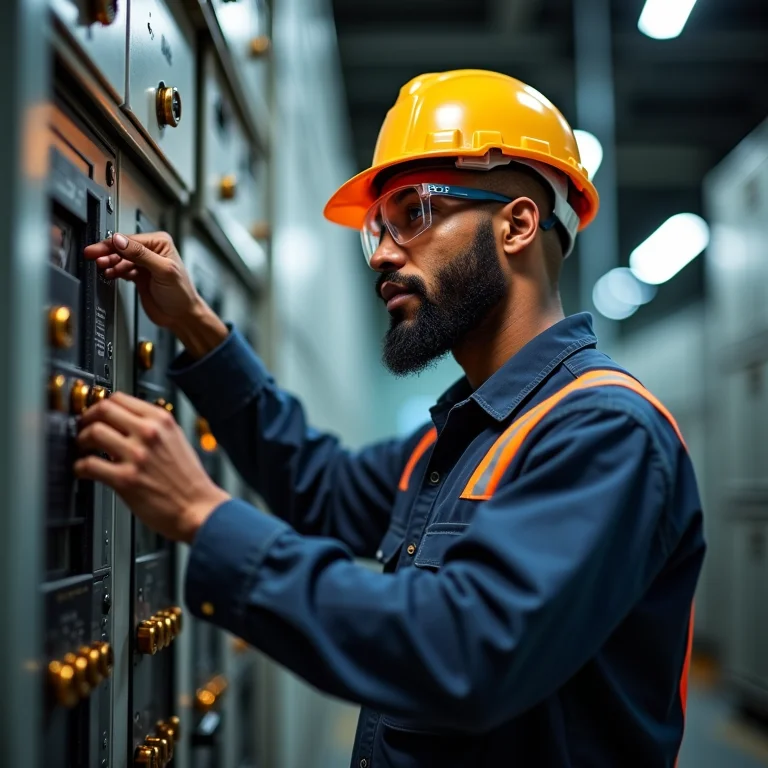 Eletricista trabalhando em fábrica