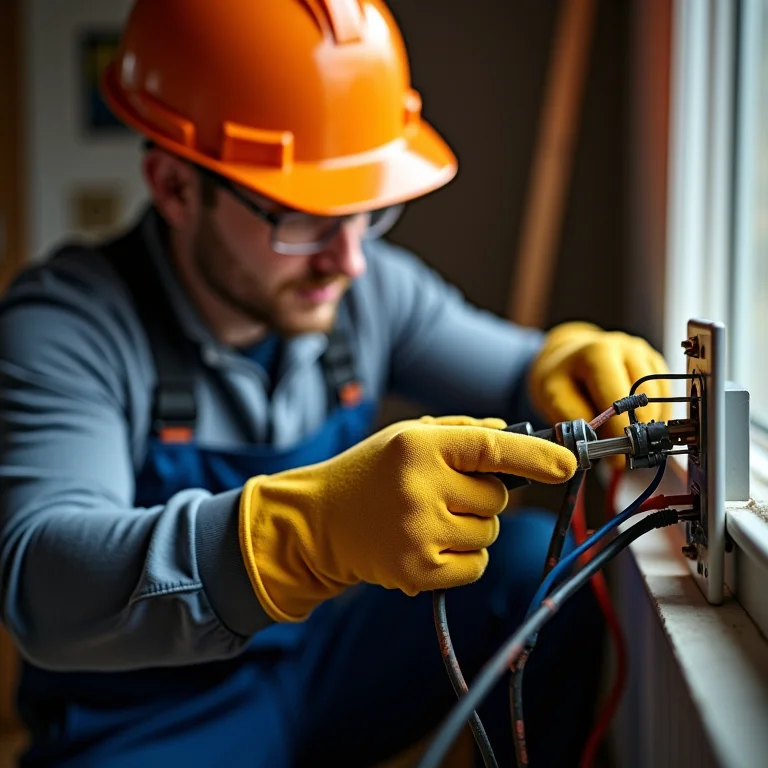 Eletricista trabalhando em instalação elétrica com capacete de segurança.