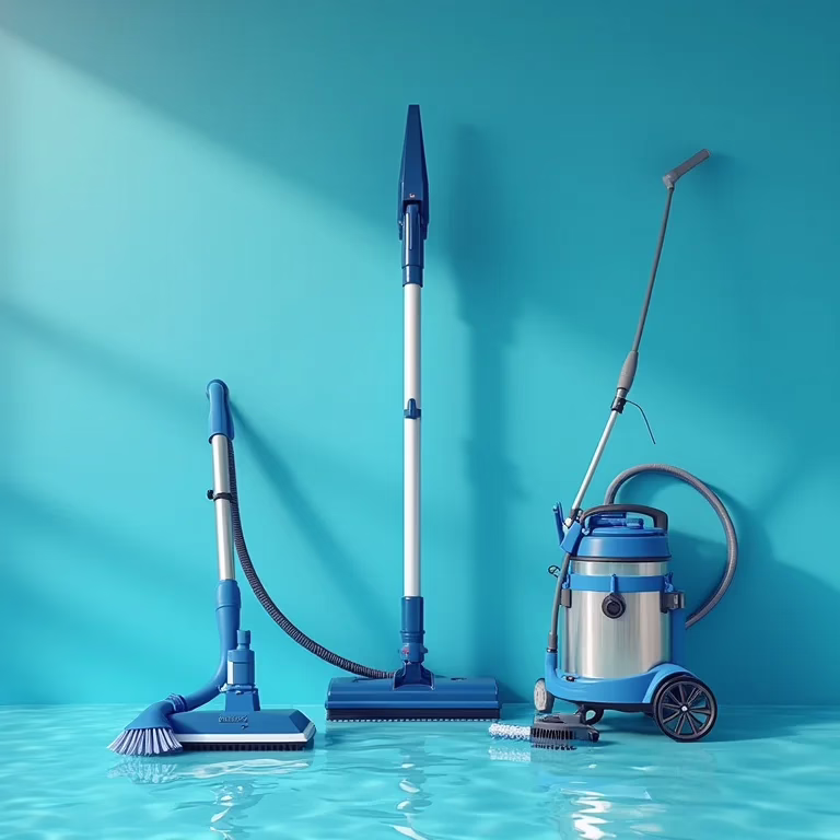 Equipamentos essenciais para a manutenção de piscinas.