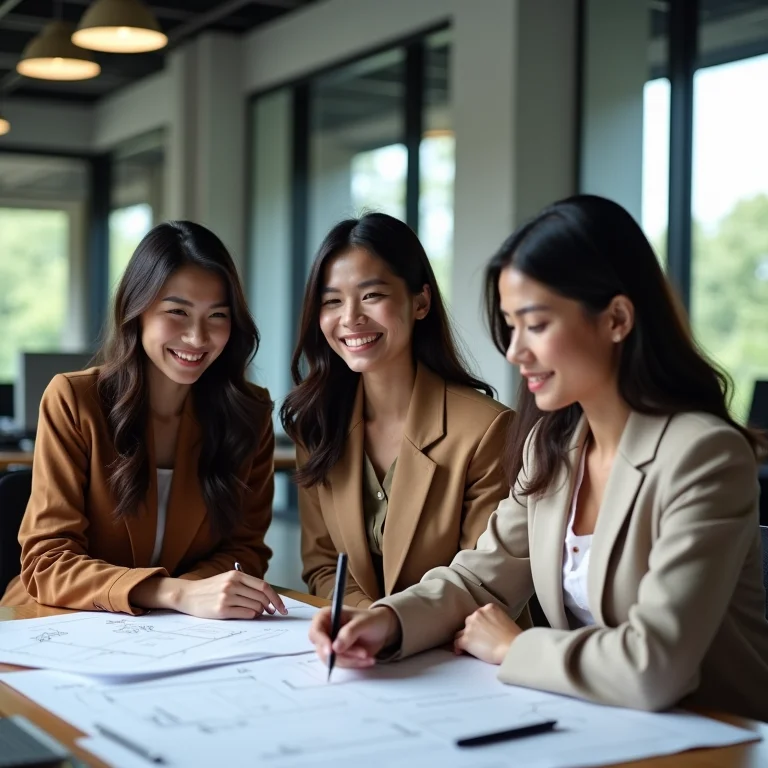 Equipe diversa (arquiteta, designer e empreiteira) analisando plantas em escritório