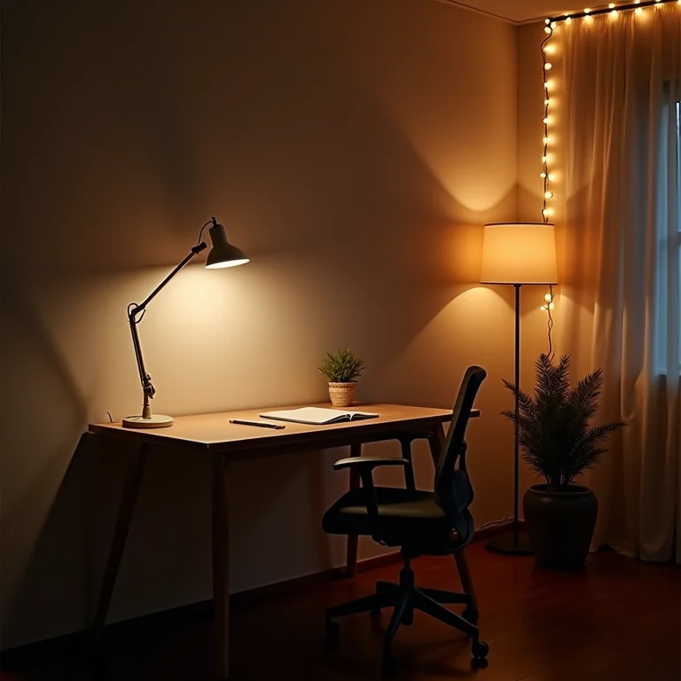 Escritório minimalista com iluminação LED funcional, contrastando com uma sala de estar aconchegante com luzes decorativas.