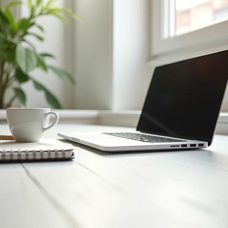 Espaço de trabalho minimalista com laptop, caderno e café, representando o estilo de vida freelancer digital