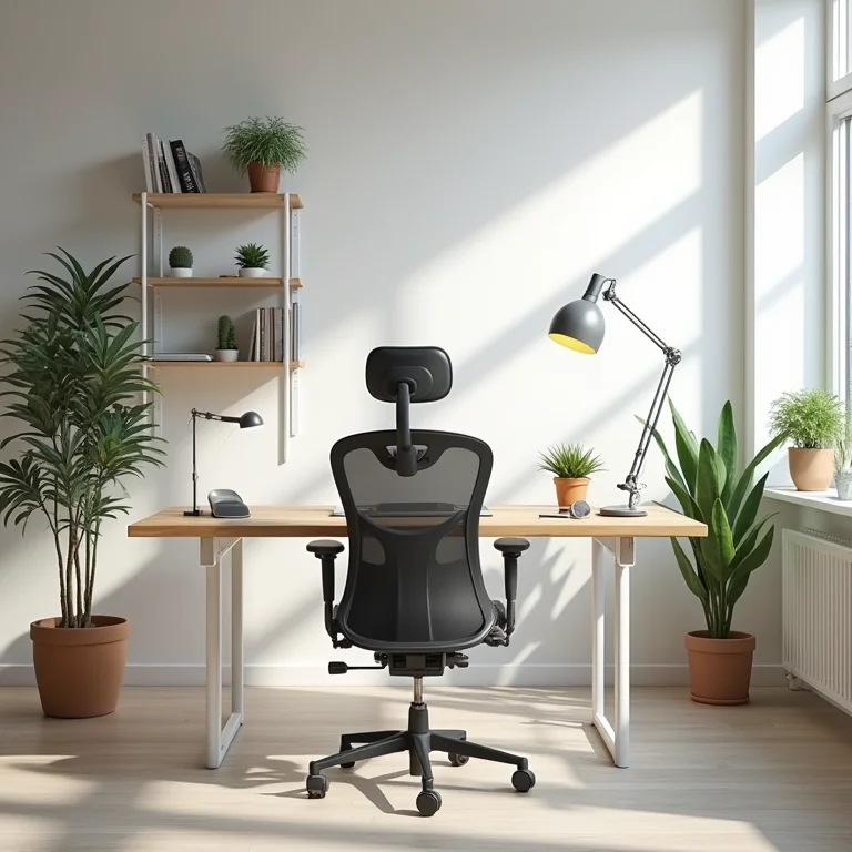 Espaço de trabalho organizado com cadeira ergonômica