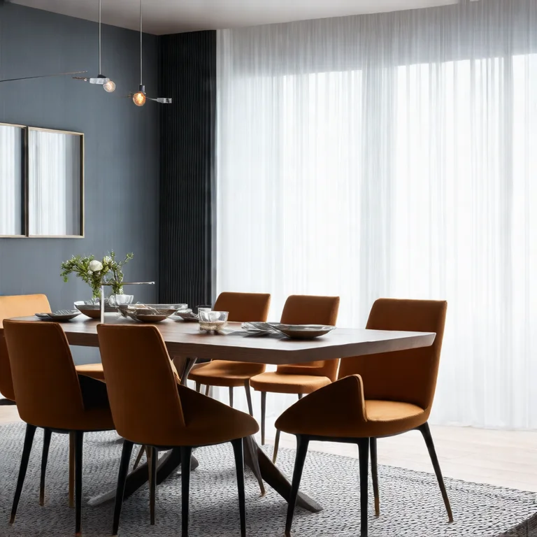 Espelho Adnet refletindo uma sala de jantar espaçosa em um apartamento moderno.