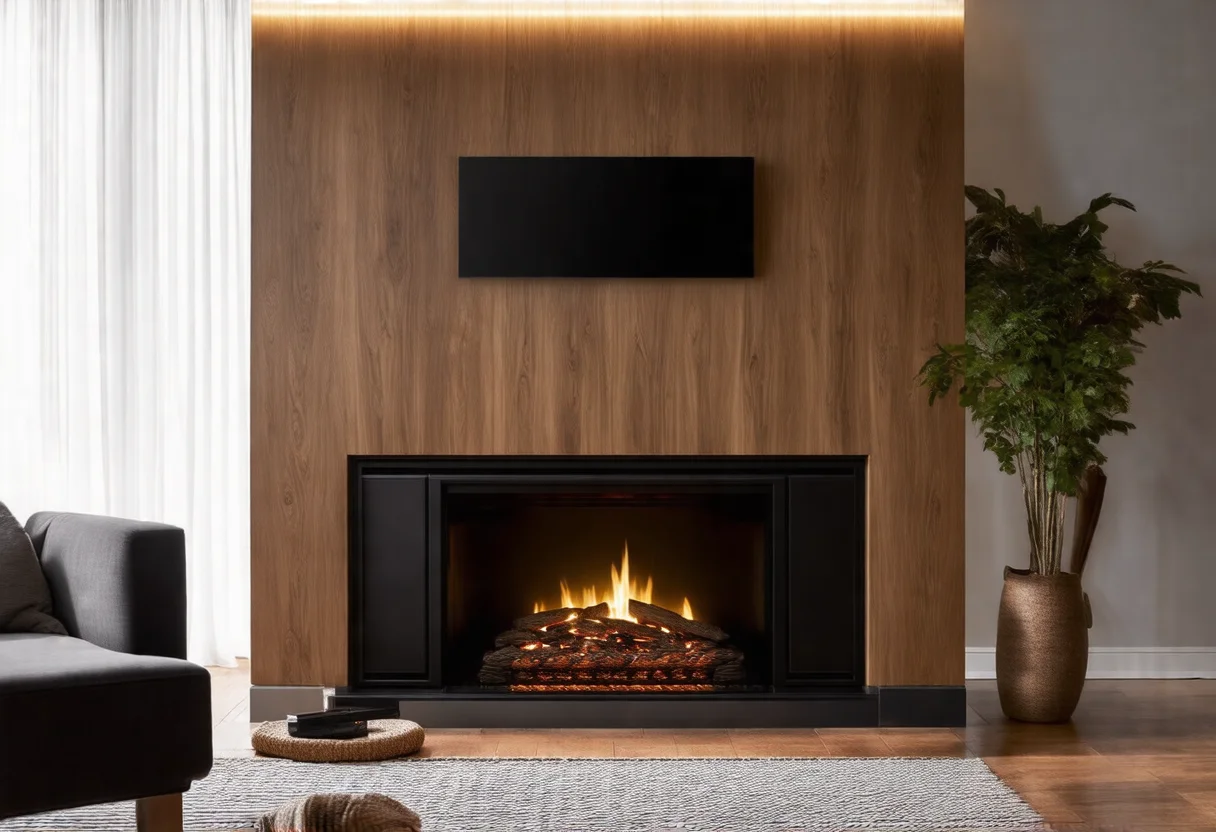 Espelho Adnet sendo instalado acima de uma lareira moderna em uma sala de estar aconchegante.