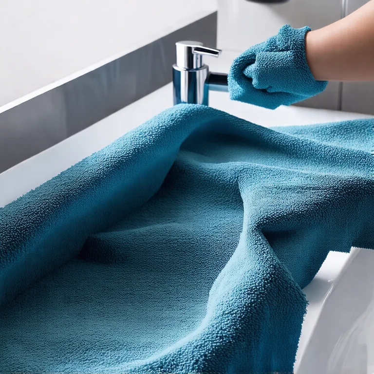 Espelho Adnet sendo limpo delicadamente em um banheiro minimalista.