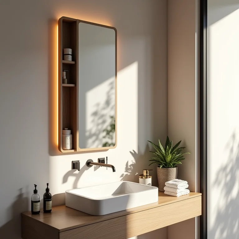 Espelho com armário embutido para otimizar espaço em banheiro pequeno