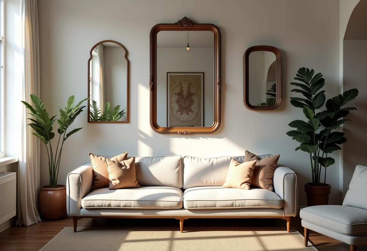 Espelho decorativo grande na sala de estar iluminada pela luz natural