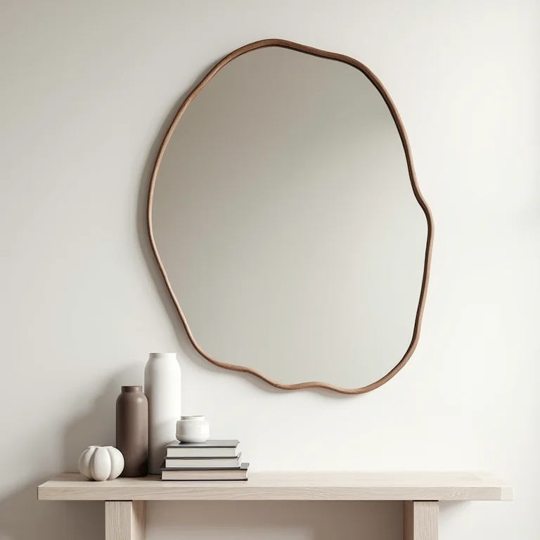 Espelho orgânico sobre console com decoração minimalista