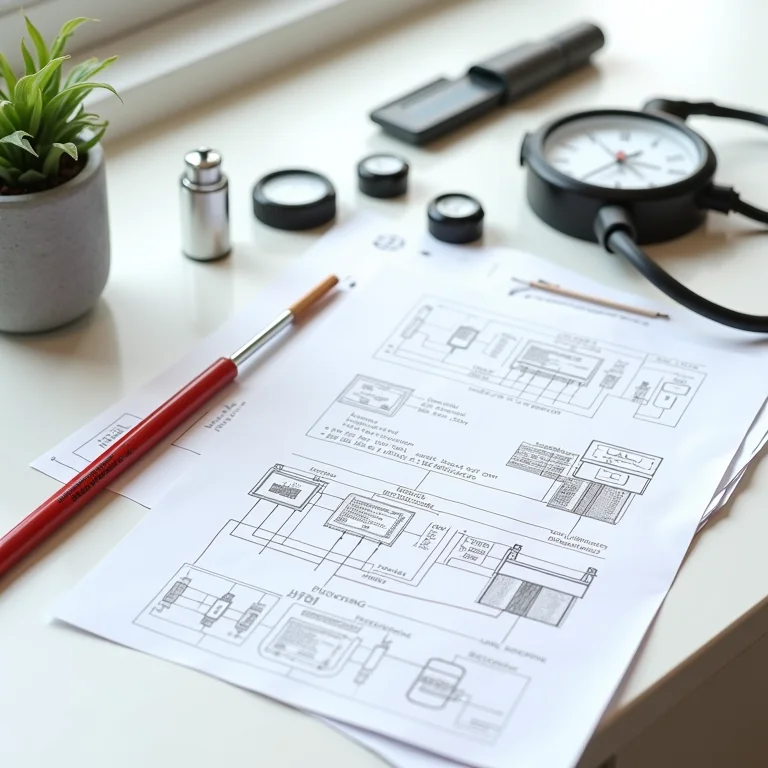 Esquemas de fiação elétrica e ferramentas de medição.