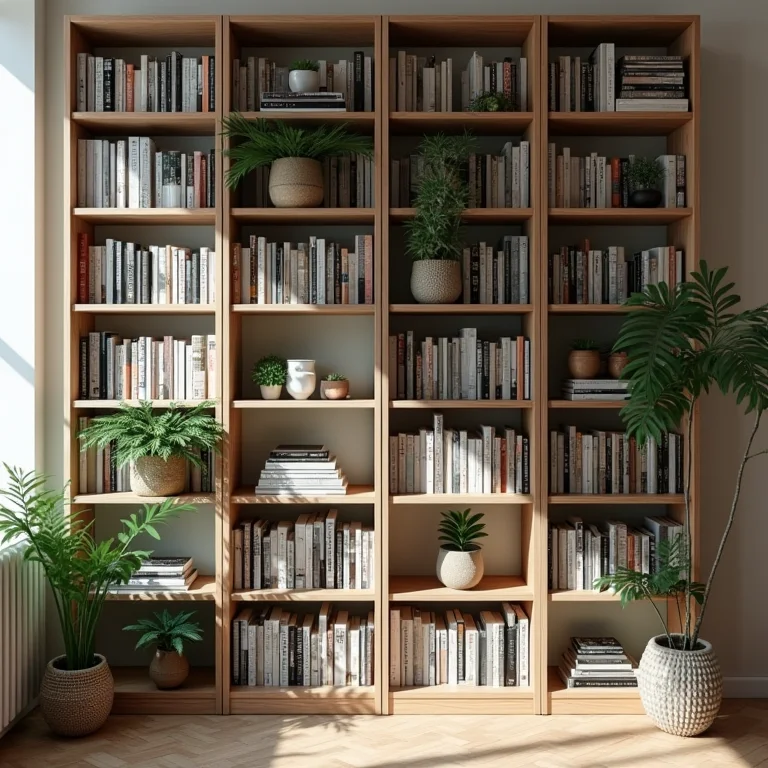 Estante alta aproveitando o espaço vertical em um estúdio.