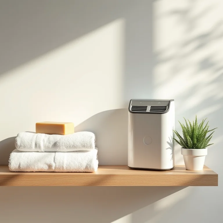 Estante de banheiro minimalista com aquecedor, toalhas e sabonetes.