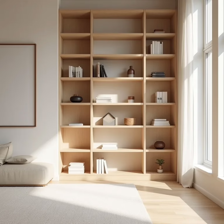 Estante vazada como divisória em sala de estar minimalista