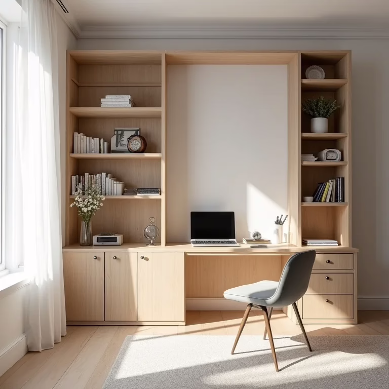 Estante vazada dividindo escritório e sala de estar