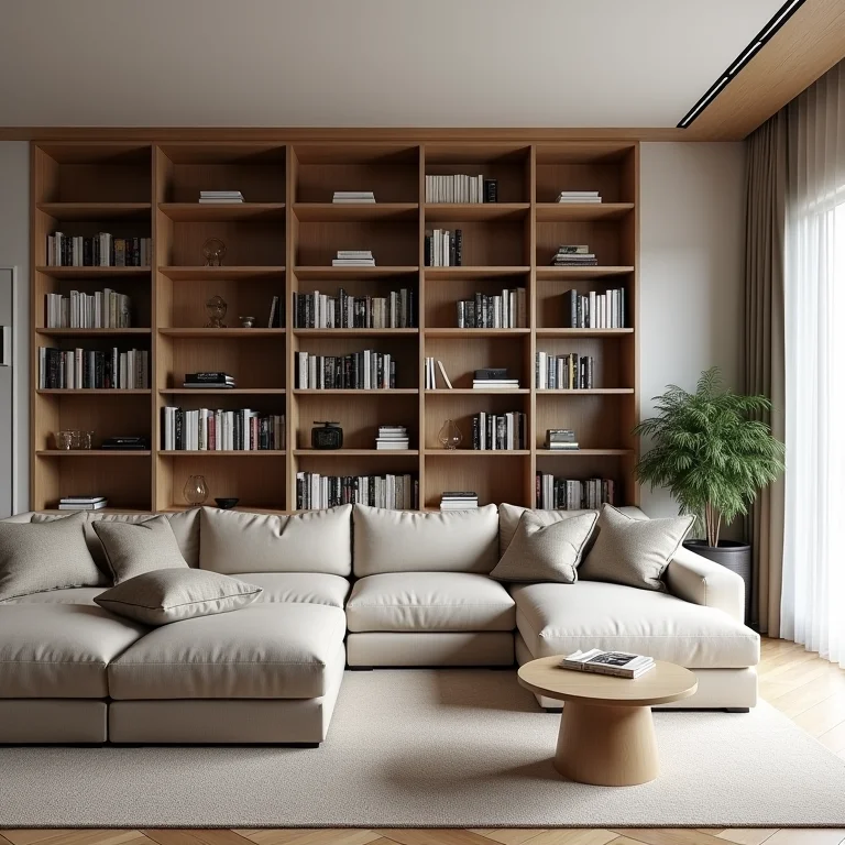 Estante vazada dividindo sala de estar e jantar