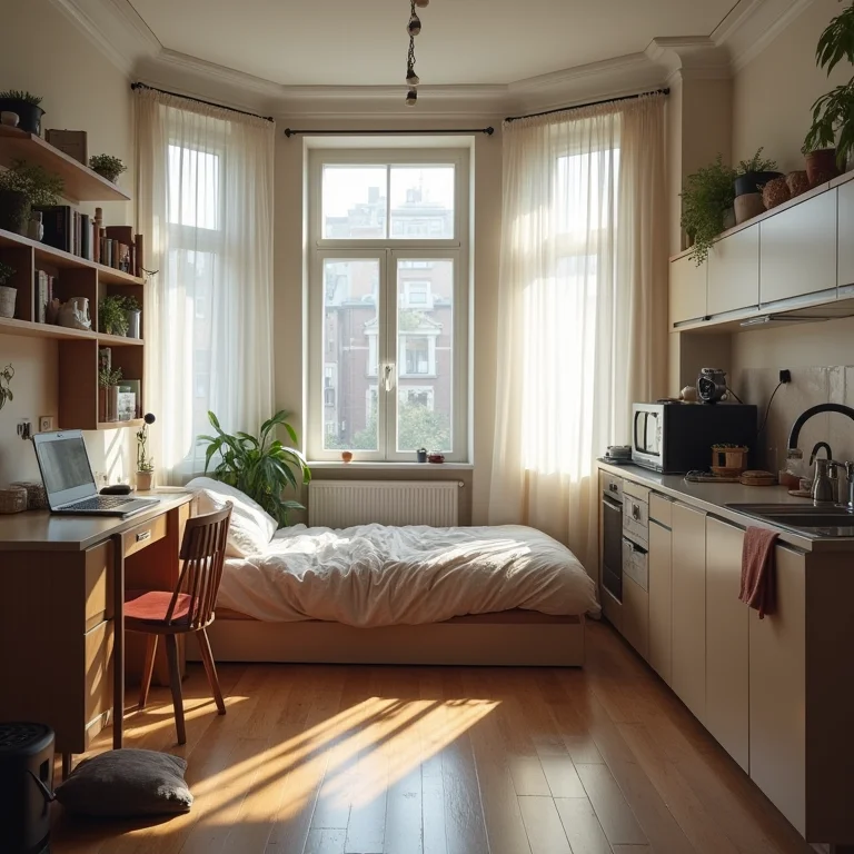 Estúdio sem delimitação de espaços.