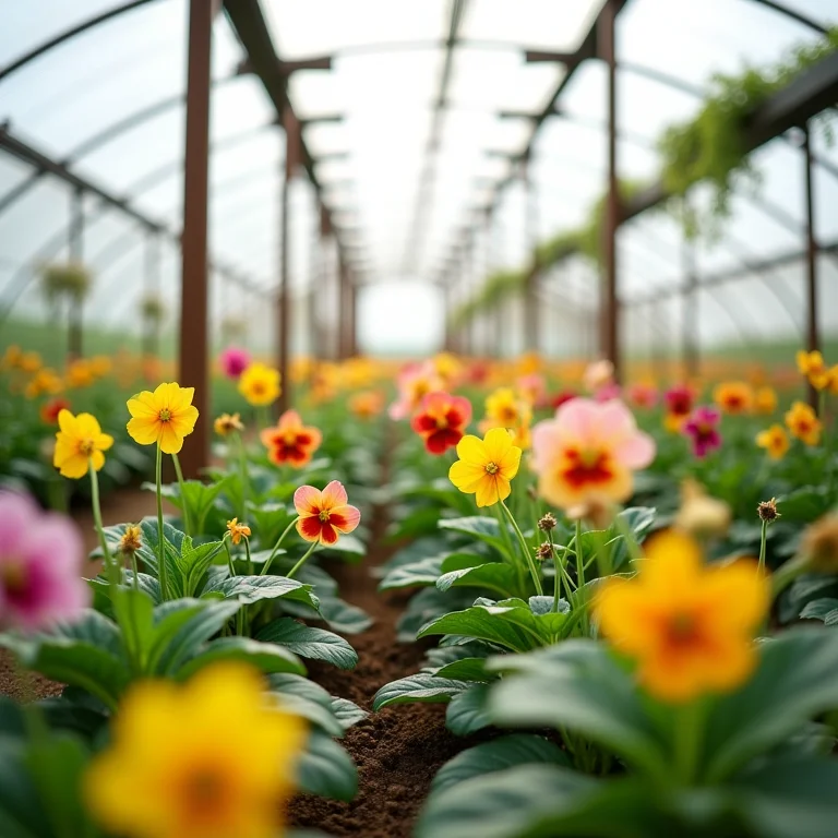Estufa com flores comestíveis em diferentes estágios de crescimento