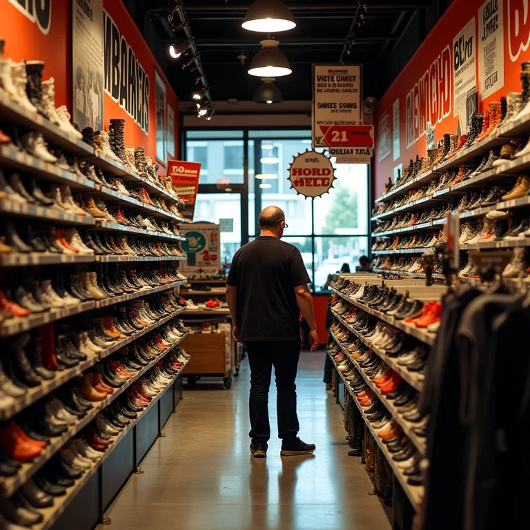 Excesso de informação visual em loja de sapatos.