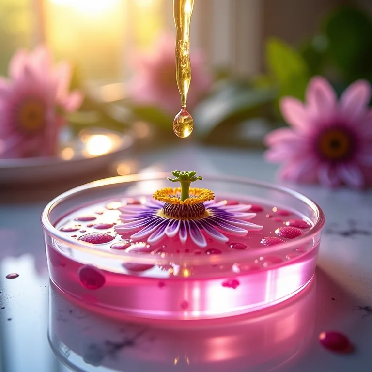 Extrato de passiflora gotejando em células para representar o efeito antioxidante.