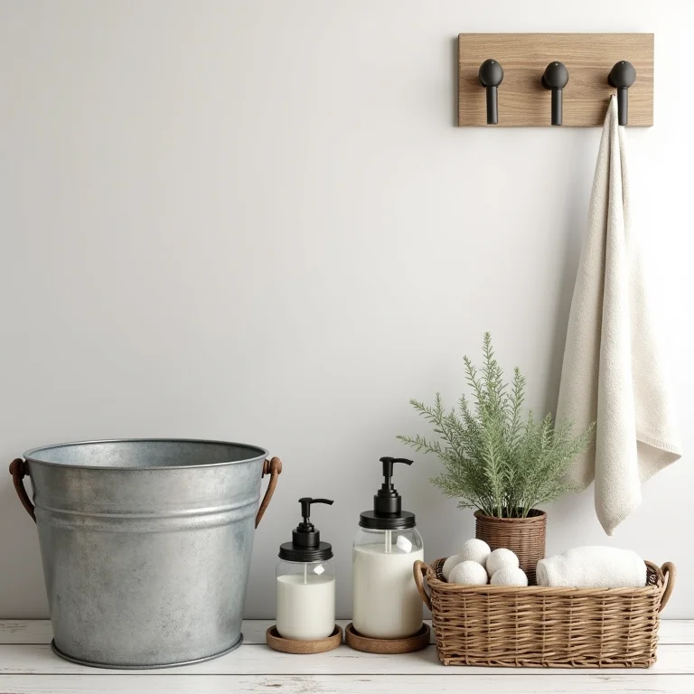 Acessórios de banheiro de fazenda com potes de vidro e baldes galvanizados.