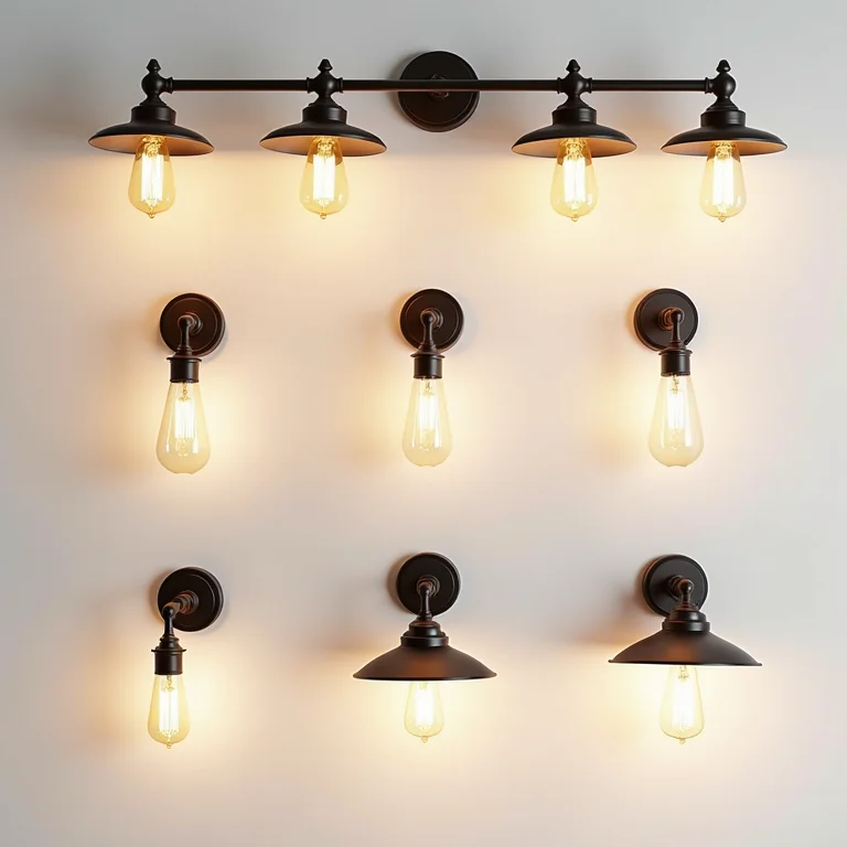 Iluminação de banheiro de fazenda com lâmpadas Edison e arandelas vintage.