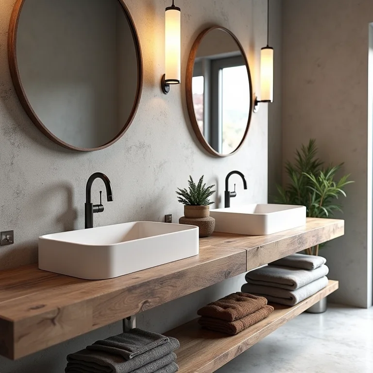 Pias e bancadas de banheiro de fazenda feitas de pedra natural e madeira reaproveitada.