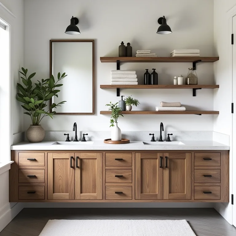 Soluções de armazenamento para banheiro de fazenda com prateleiras abertas e armários reaproveitados.