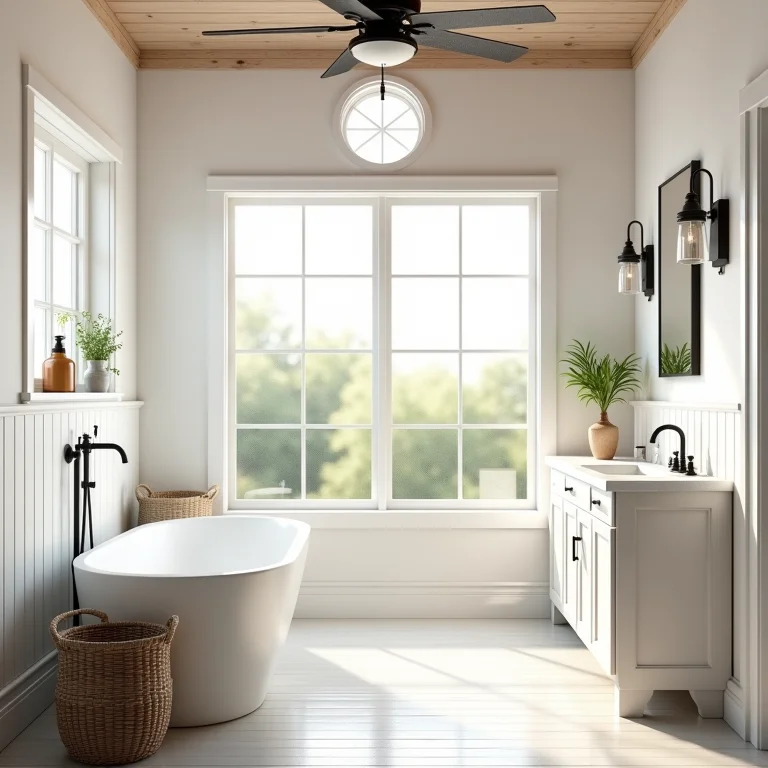 Ventilação de banheiro de fazenda com grandes janelas e ventiladores rústicos.