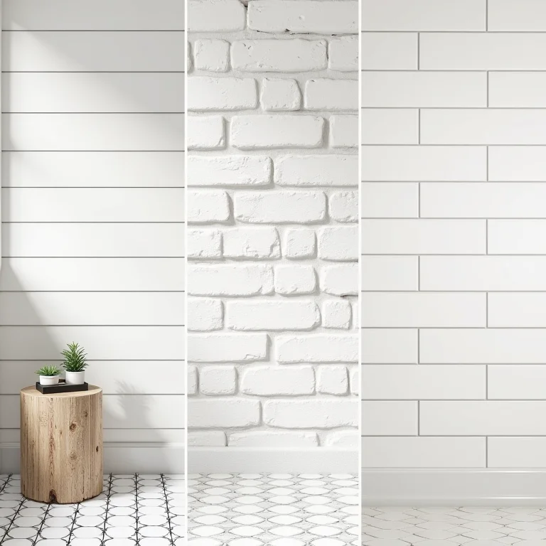 Paredes de banheiro de fazenda com shiplap e tijolos aparentes.