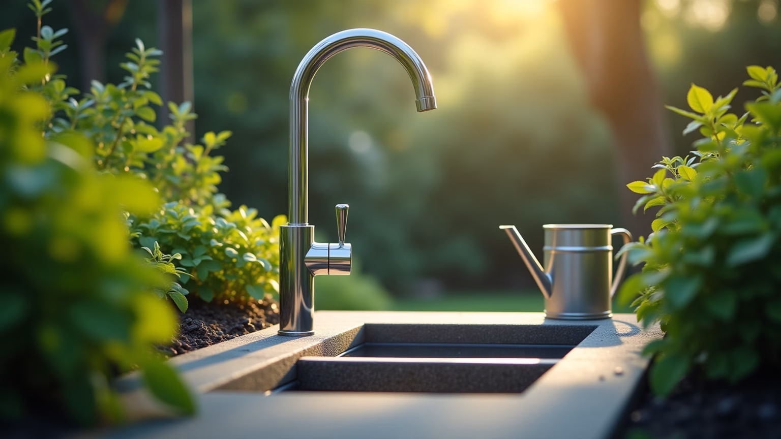 Torneira para Jardim: Qual a Melhor Opção? (2026) Torneira de jardim moderna em aço inoxidável com plantas exuberantes.