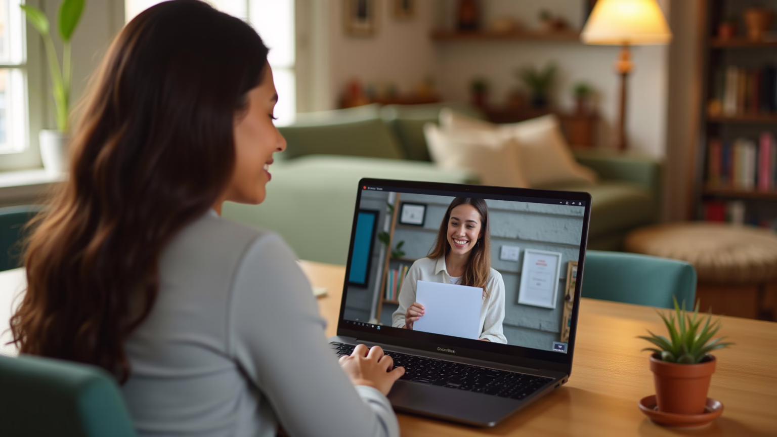 Aula de inglês online com professora sorrindo em ambiente brasileiro acolhedor.