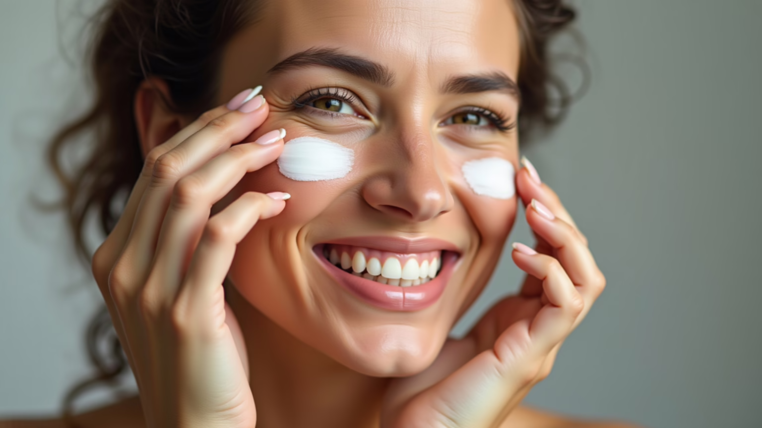 Mulher sorrindo aplicando hidratante no rosto.