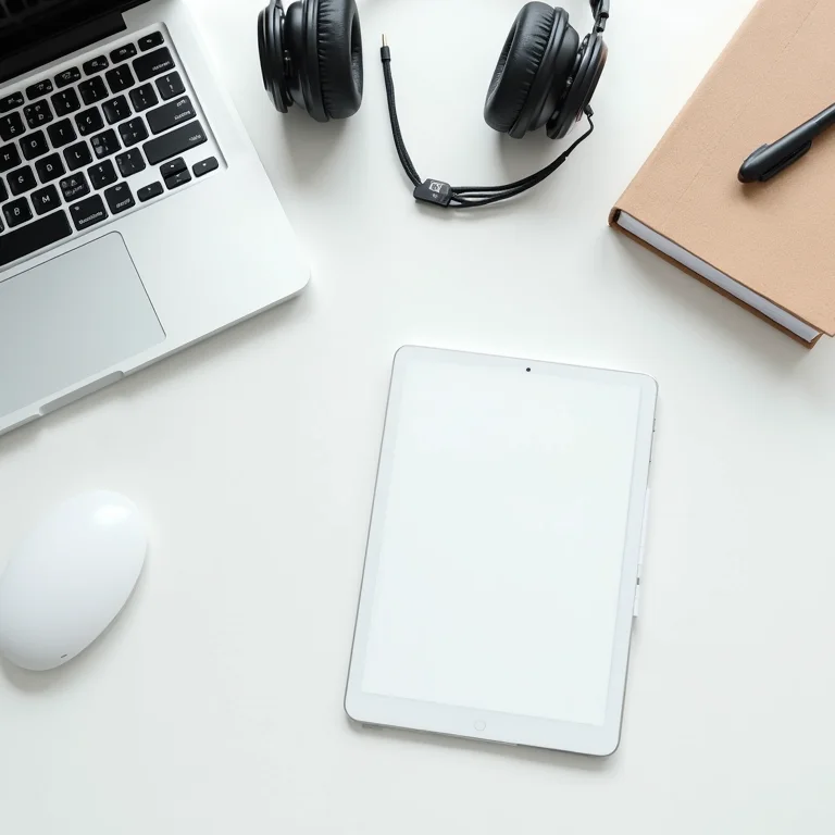 Ferramentas e recursos digitais essenciais para freelancers, como laptop, tablet, fones de ouvido e caderno