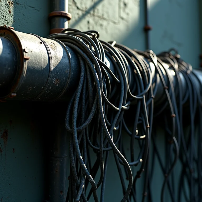 Fiação elétrica emaranhada saindo de um eletroduto.